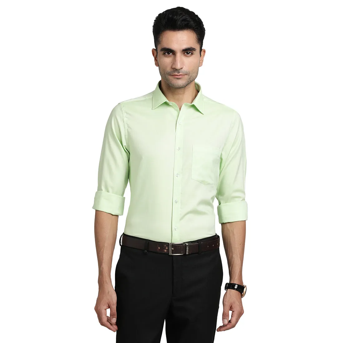 100% Cotton Green Plain Slim Fit Full Sleeve Formal Shirt