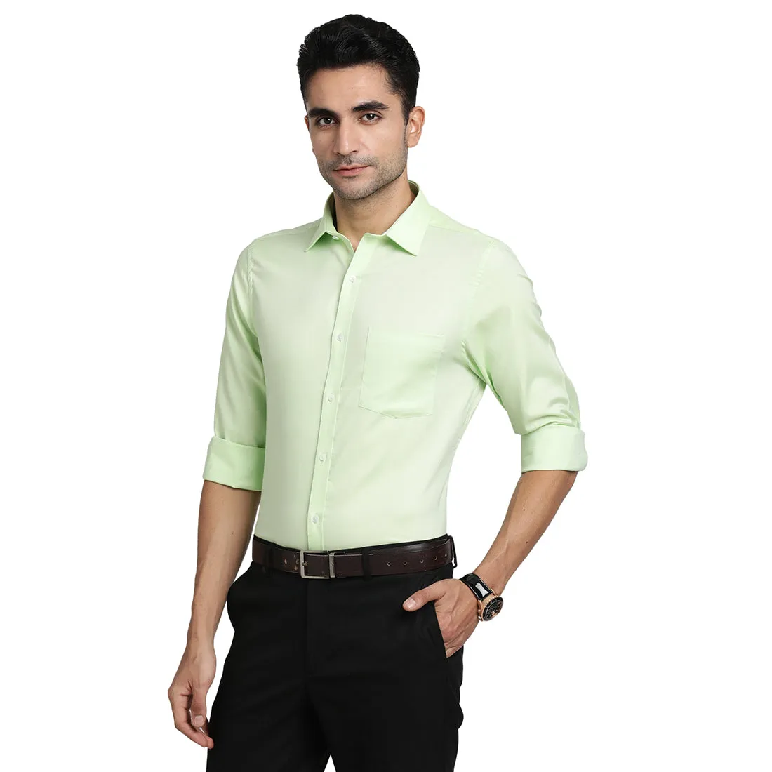 100% Cotton Green Plain Slim Fit Full Sleeve Formal Shirt