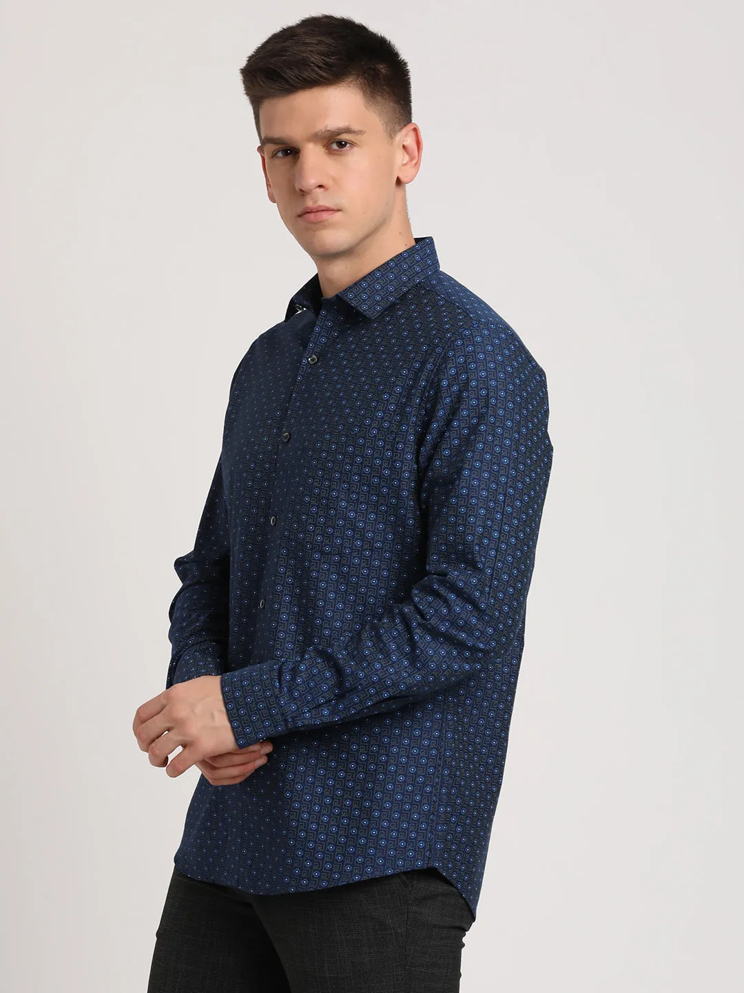 100% Cotton Navy Printed Slim Fit Full Sleeve Ceremonial Shirt