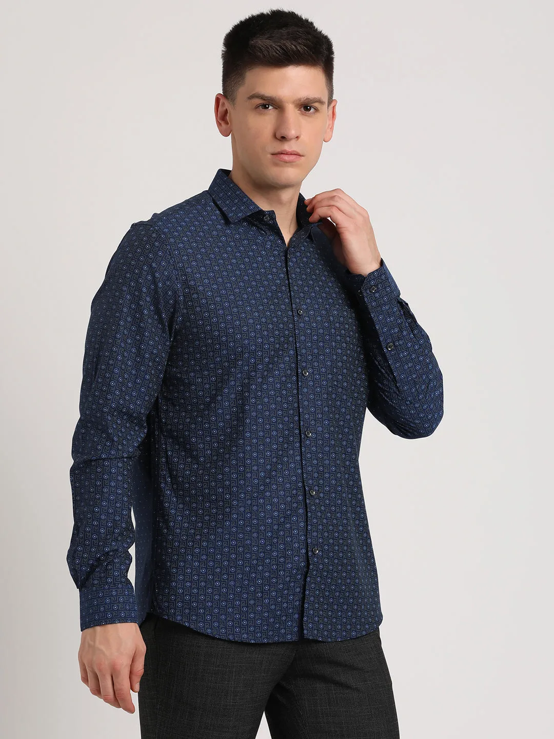 100% Cotton Navy Printed Slim Fit Full Sleeve Ceremonial Shirt