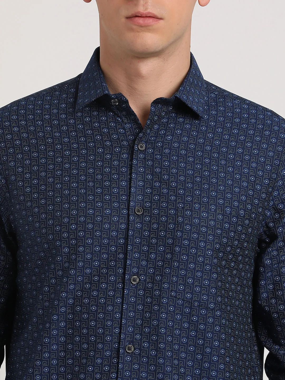 100% Cotton Navy Printed Slim Fit Full Sleeve Ceremonial Shirt