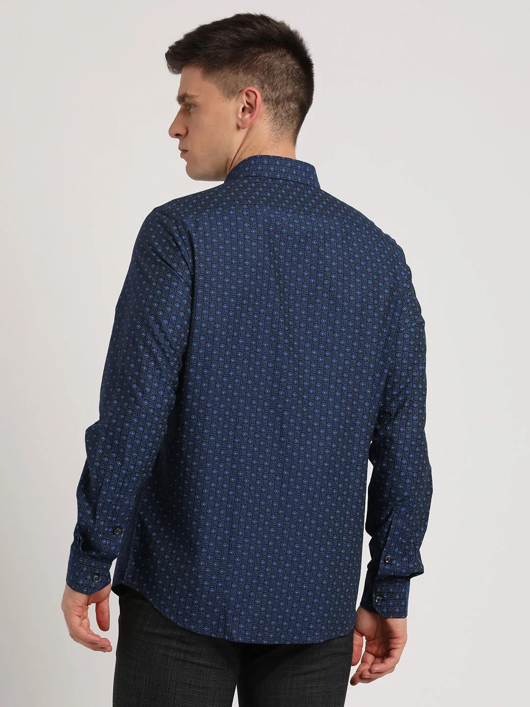 100% Cotton Navy Printed Slim Fit Full Sleeve Ceremonial Shirt