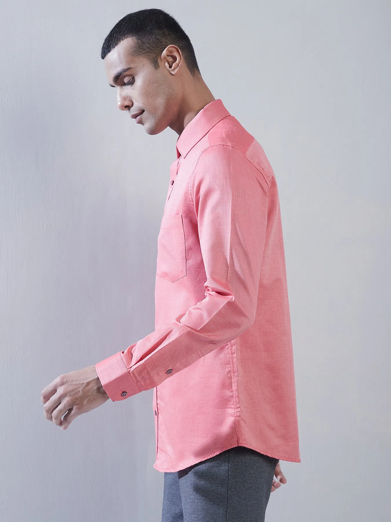 100% Cotton Peach Dobby Slim Fit Full Sleeve Formal Shirt