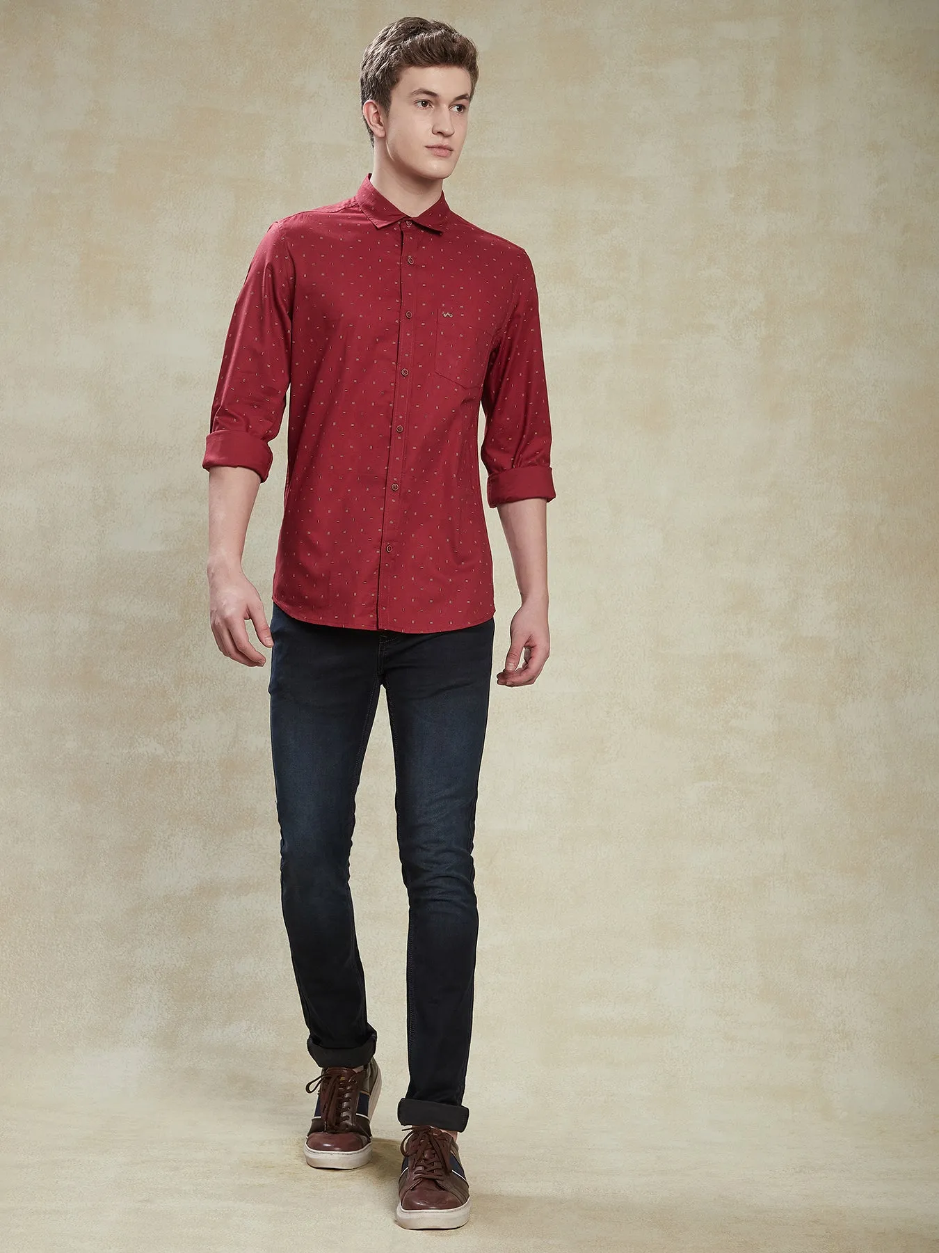 100% Cotton Red Slim Fit Full Sleeve Casual Mens Printed Shirt