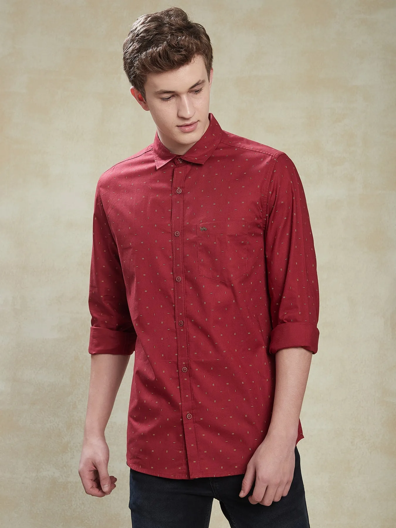 100% Cotton Red Slim Fit Full Sleeve Casual Mens Printed Shirt