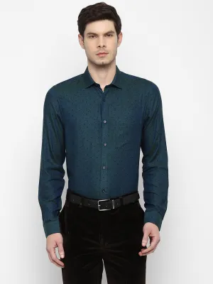 100% Cotton Teal Blue Printed Slim Fit Full Sleeve Formal Shirt