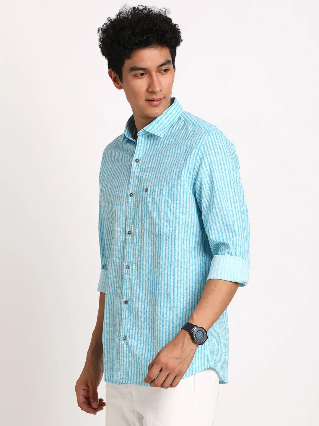 100% Cotton Turquoise Printed Slim Fit Full Sleeve Casual Shirt