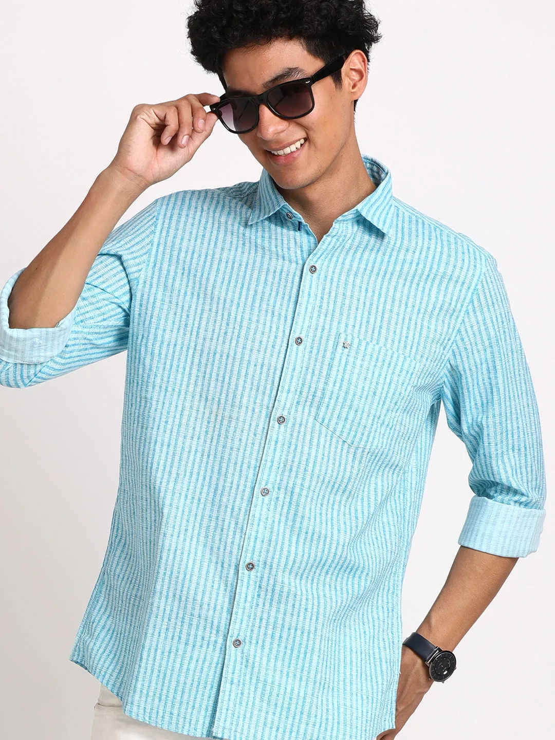 100% Cotton Turquoise Printed Slim Fit Full Sleeve Casual Shirt