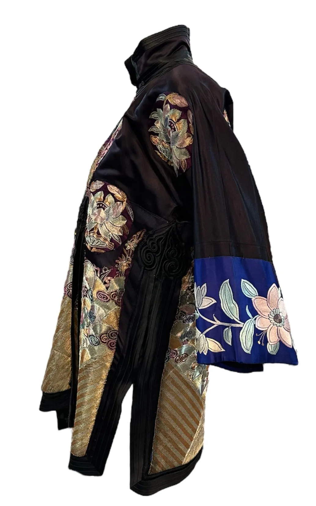 20s Black Silk Chinese Jacket With Large Heavily Couched Multi Color Applique