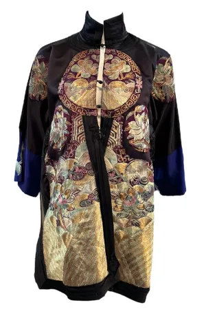 20s Black Silk Chinese Jacket With Large Heavily Couched Multi Color Applique