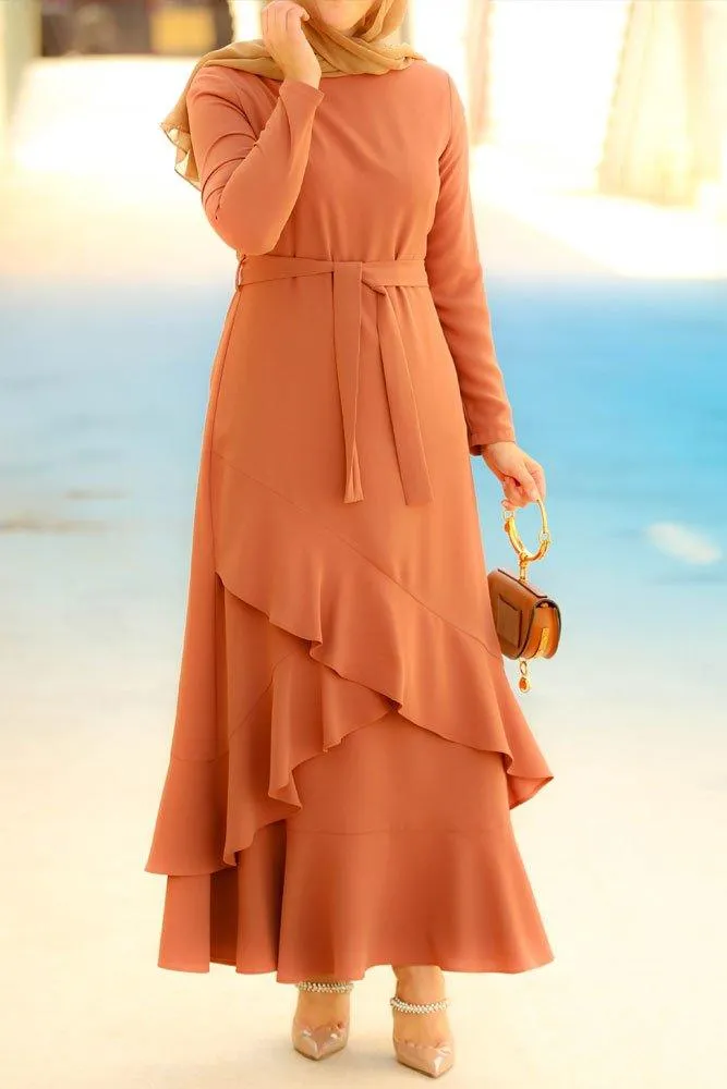 Anisa Elegant Coffee Frill Detail Dress with Belt