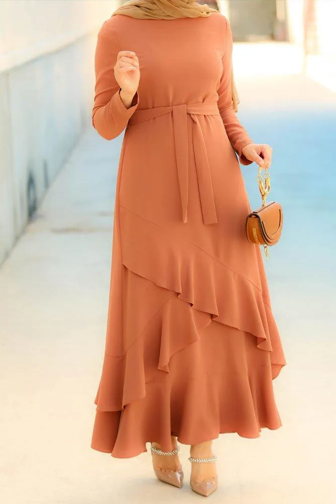 Anisa Elegant Coffee Frill Detail Dress with Belt