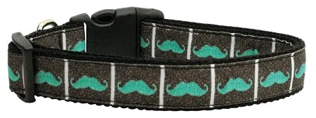 Aqua Moustaches Nylon Dog Collar Sm