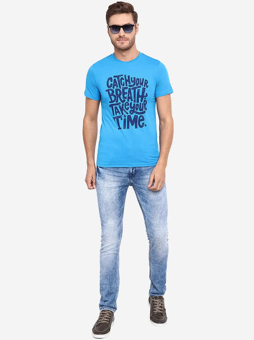 Aster Blue Printed Slim Fit T-Shirt | Greenfibre