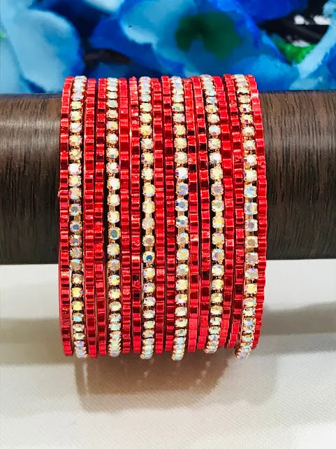 Attractive Red Color Metal Bangles Set With Stones For Girls