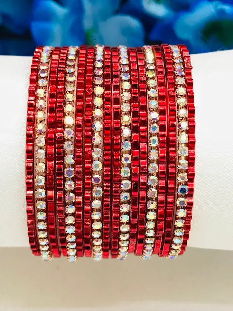 Attractive Red Color Metal Bangles Set With Stones For Girls