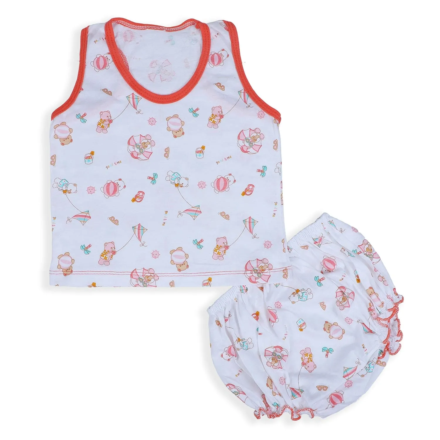 Baby Moo Kite Flying Bear Pure Cotton Sleeveless Vest With Matching Bottom 2pcs Set - Red