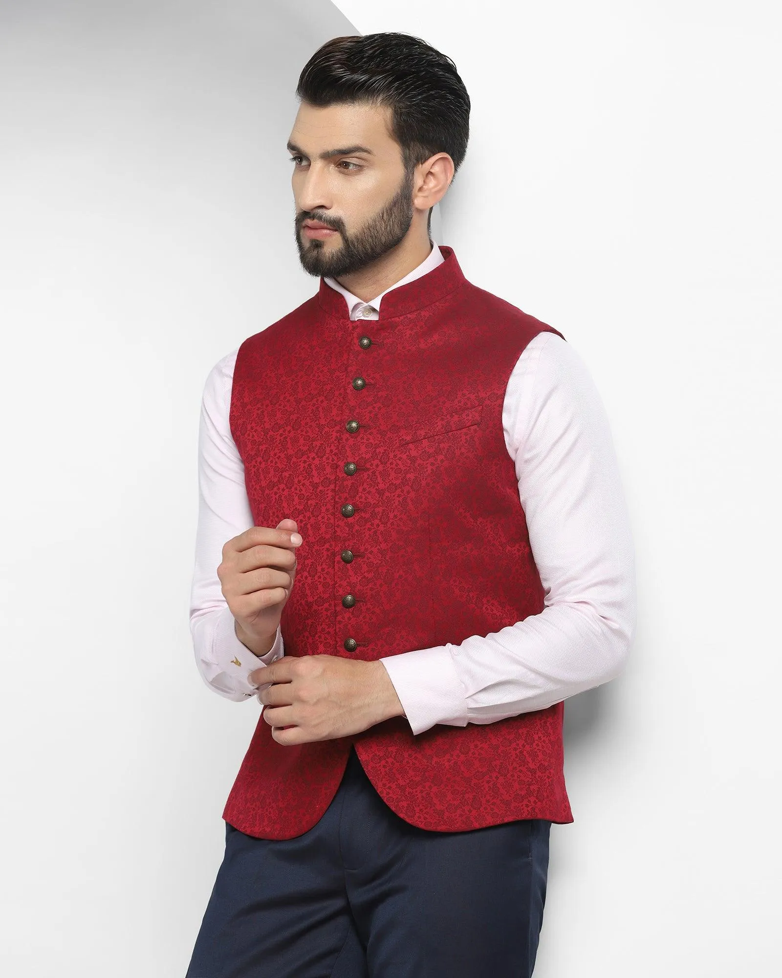 Bandhgala Formal Wine Printed Waistcoat - Jacqlin