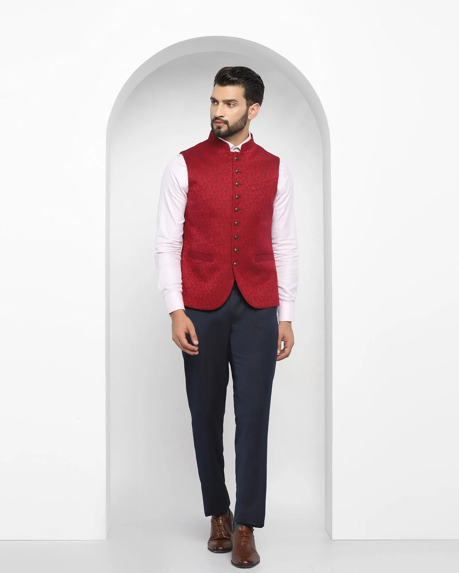 Bandhgala Formal Wine Printed Waistcoat - Jacqlin