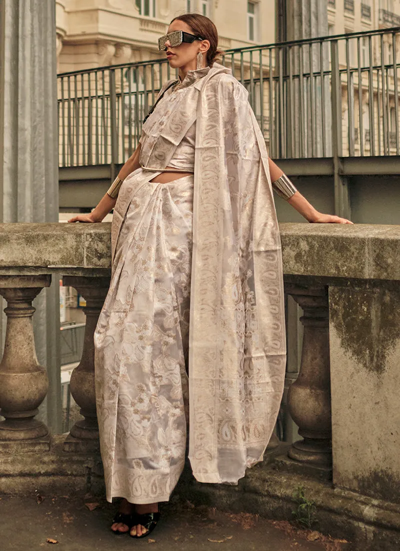 Beige Lucknowi Handloom Woven Organza Silk Saree