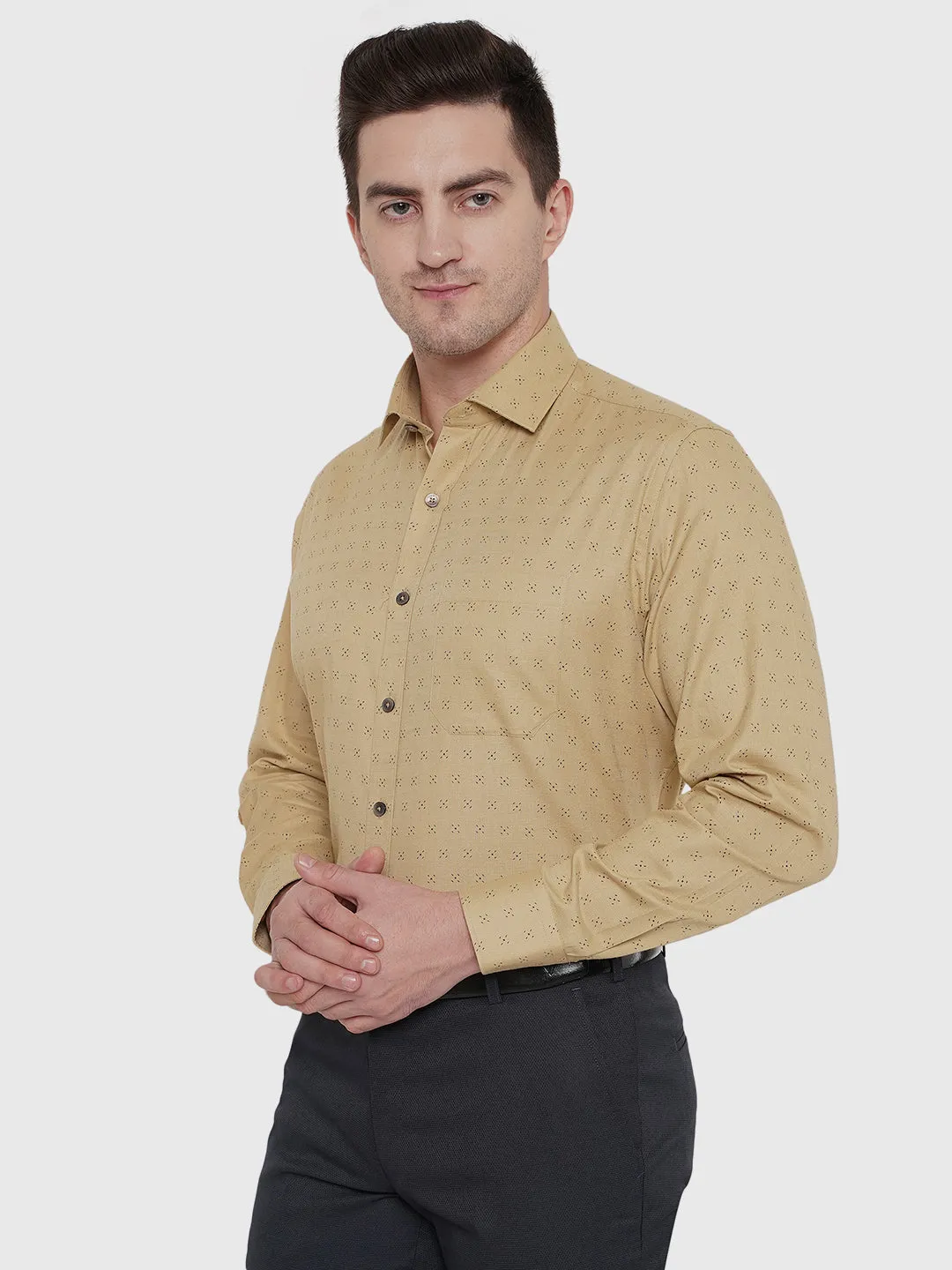 Beige Printed Slim Fit Formal Shirt | JadeBlue