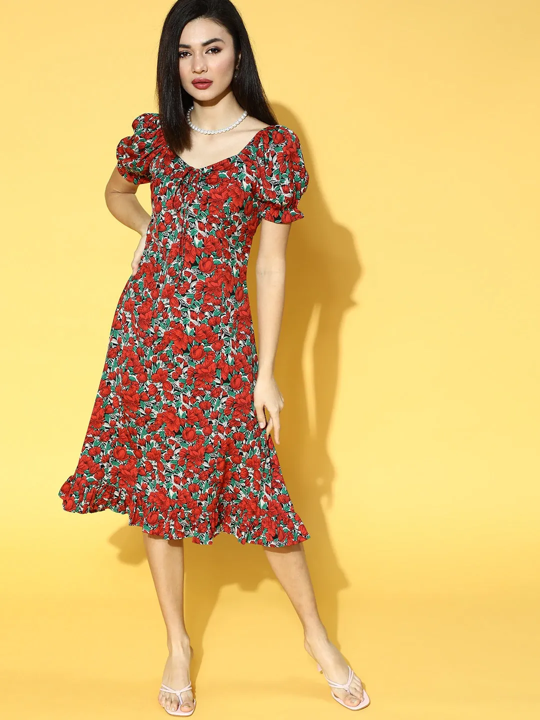 Berrylush Women Red & Green Floral Printed Crepe A-Line Midi Dress