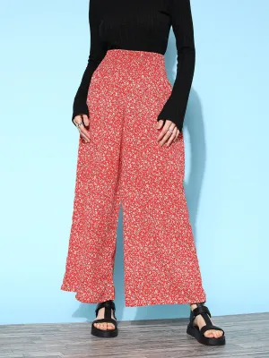 Berrylush Women Red & White Ditsy Floral Printed High-Rise Waist Slip-On Flared Regular Trousers