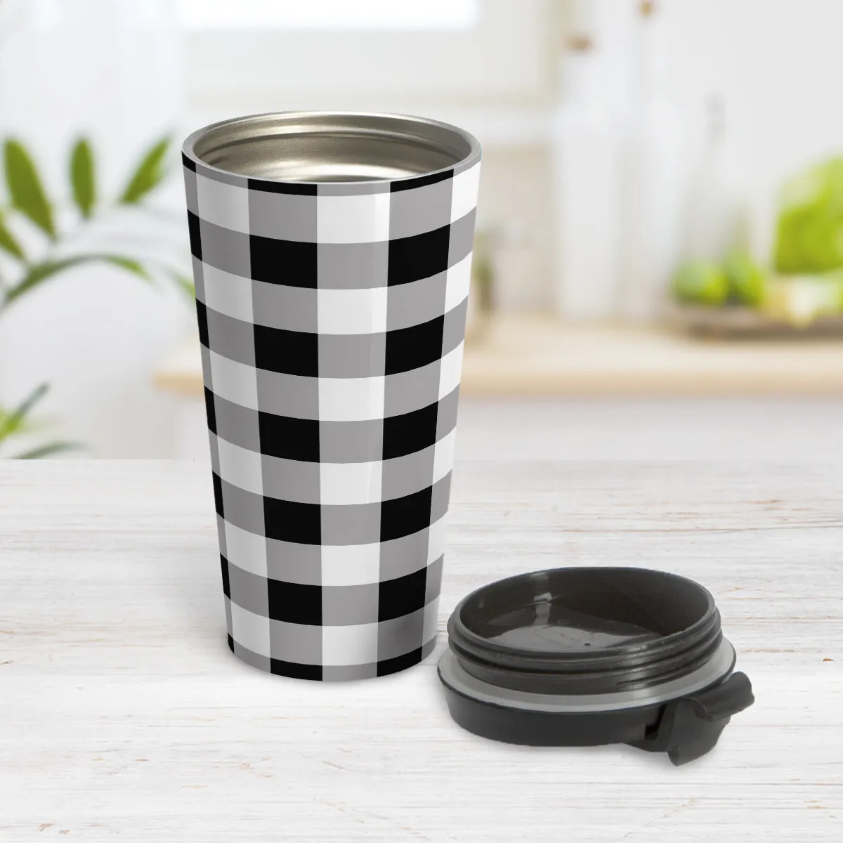 Black and White Buffalo Plaid Travel Mug