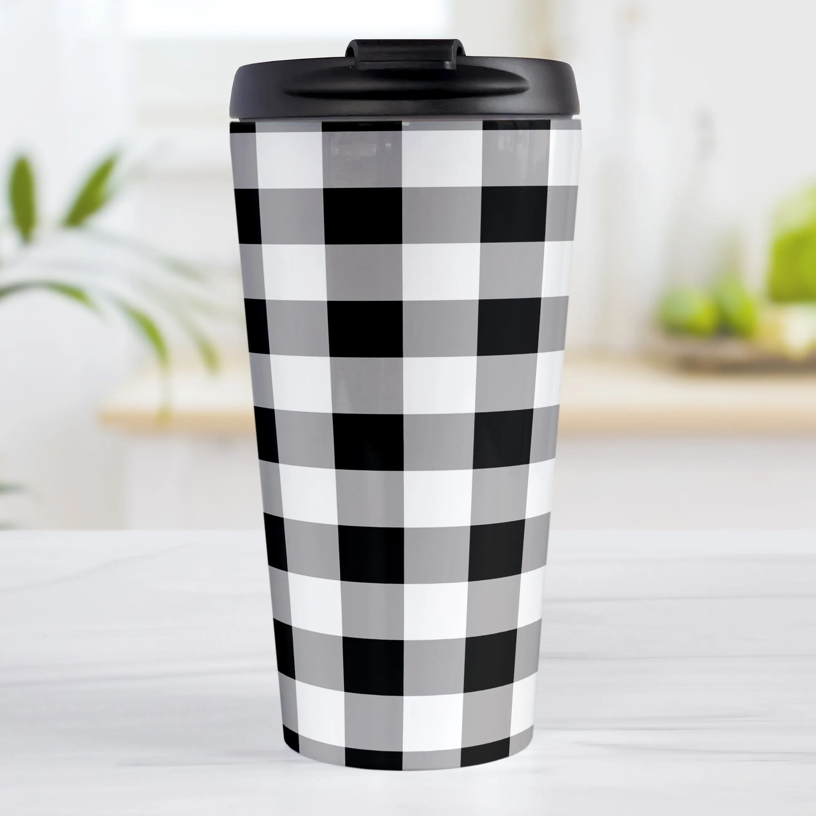 Black and White Buffalo Plaid Travel Mug