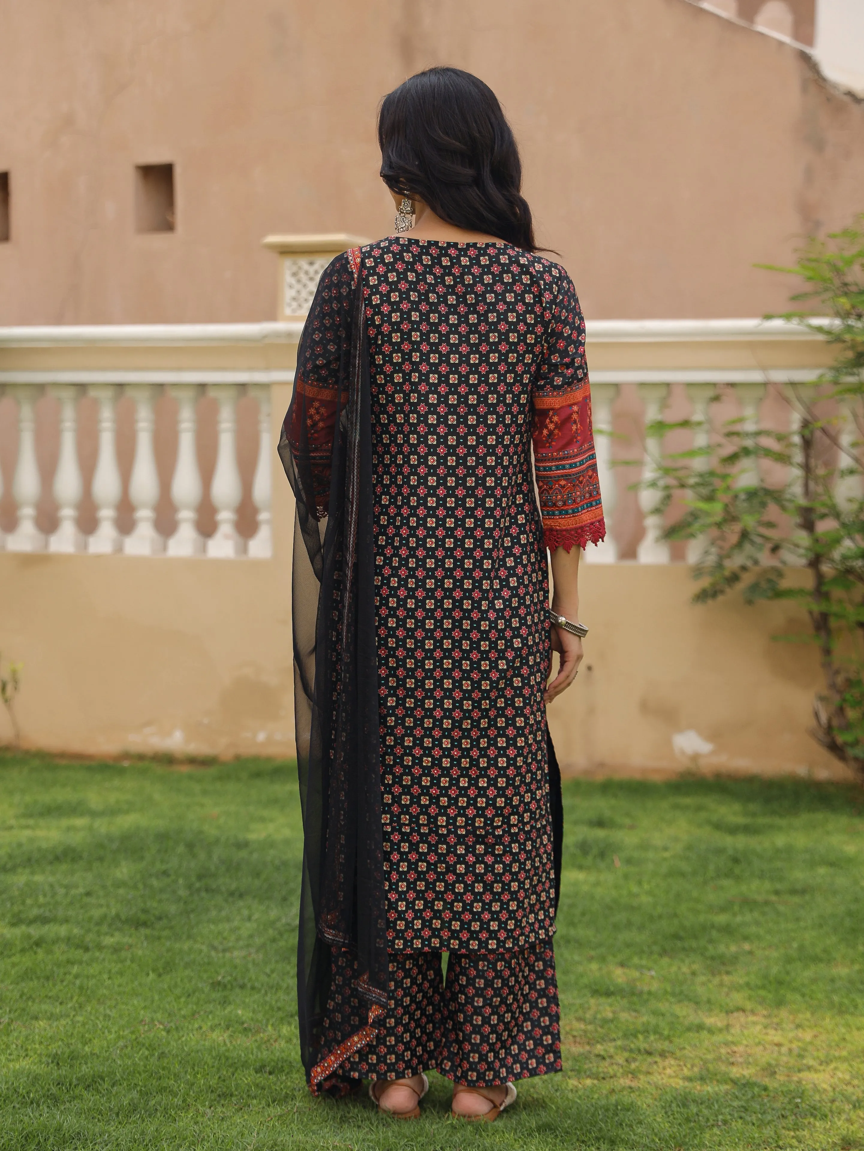 Black Ethnic Motif Printed Rayon Kurta Palazzo And Dupatta With Mirror & Thread Work