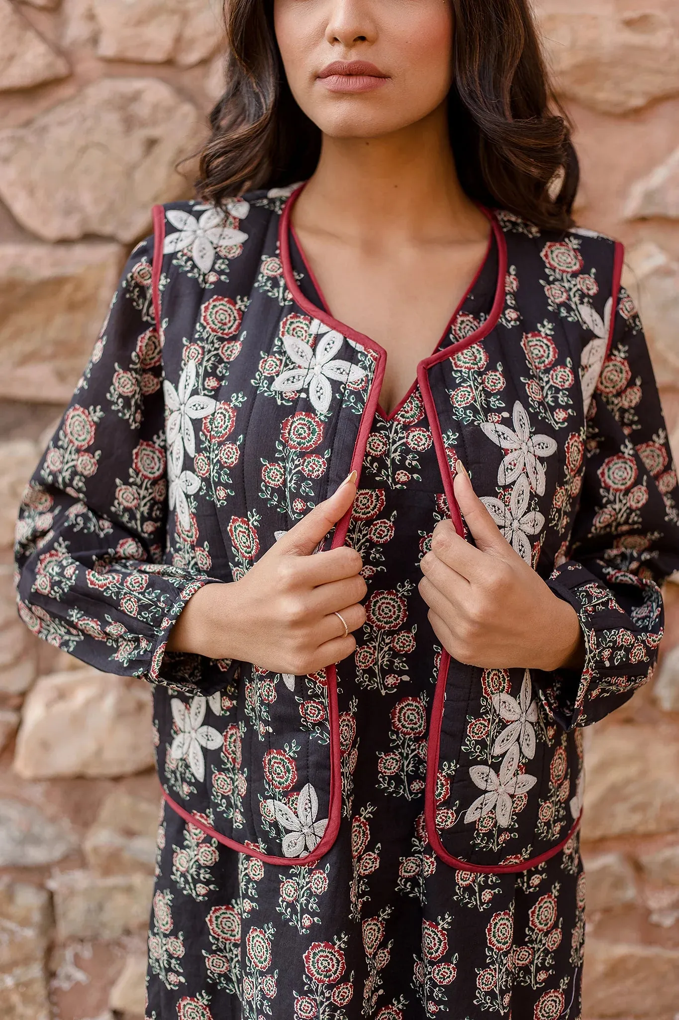 Black Kurta Set With Embroidered Quilted Jacket