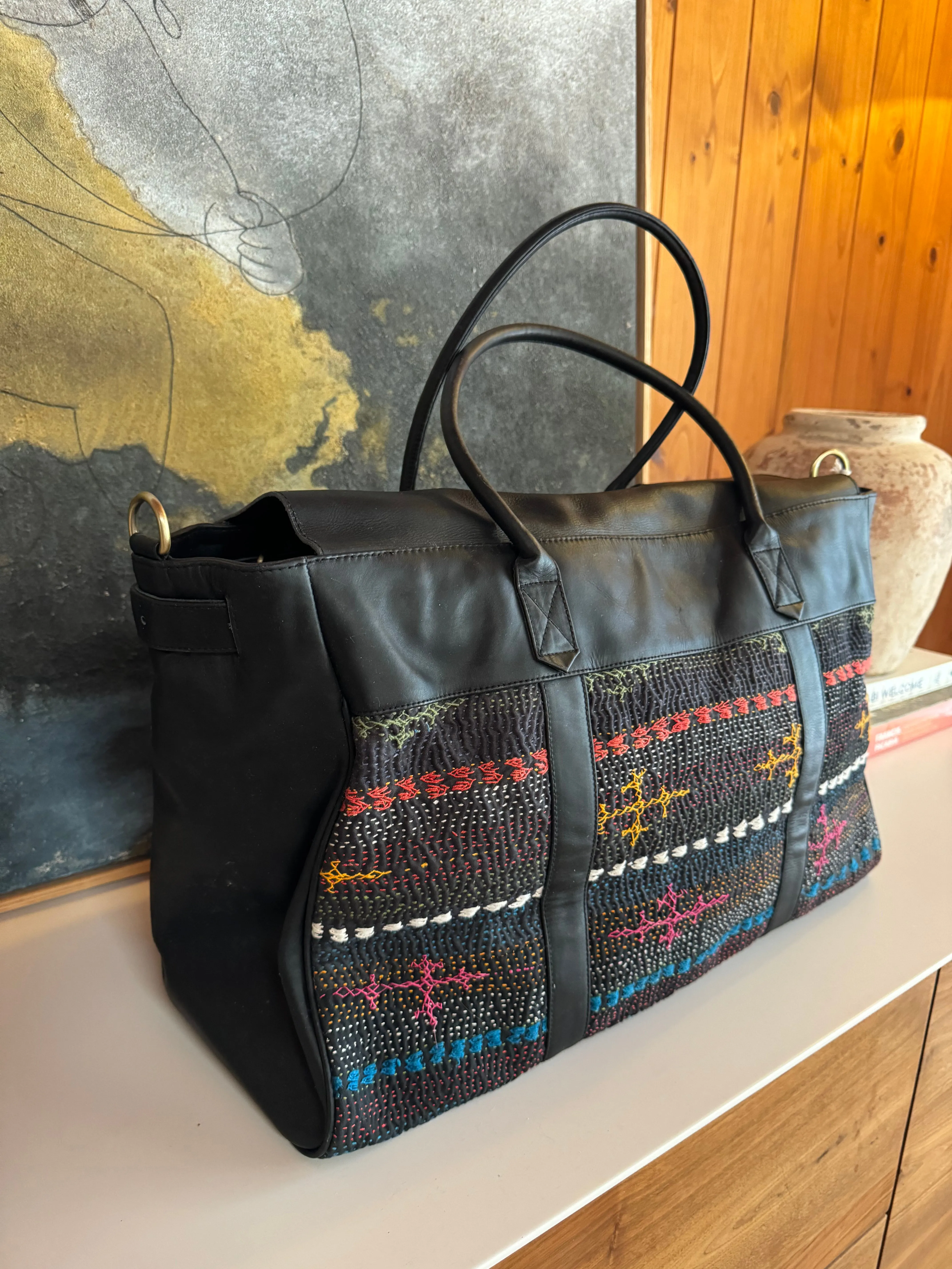 Black Leather Weekender Bag with Vintage Hand-Stitched Kantha Fabric