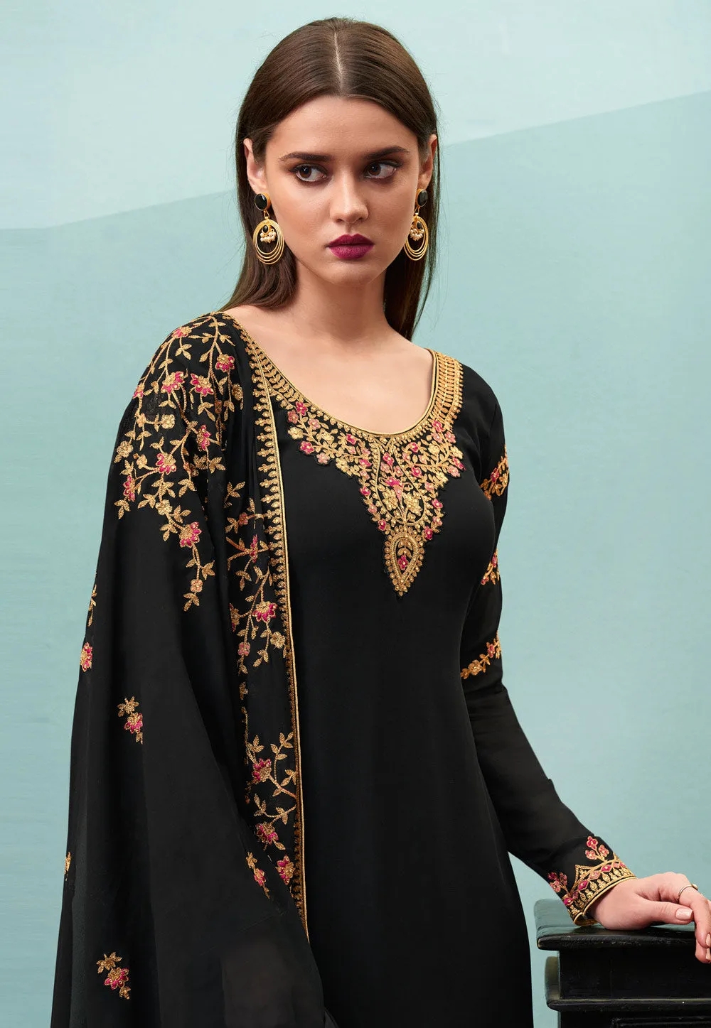 Black Multi Embroidered Pakistani Pant Suit