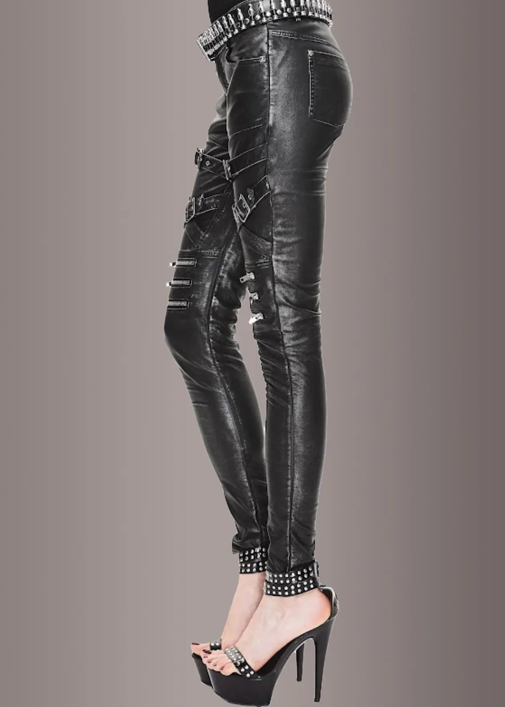 Blackend Faux Leather Pants with Zippers and Buckles