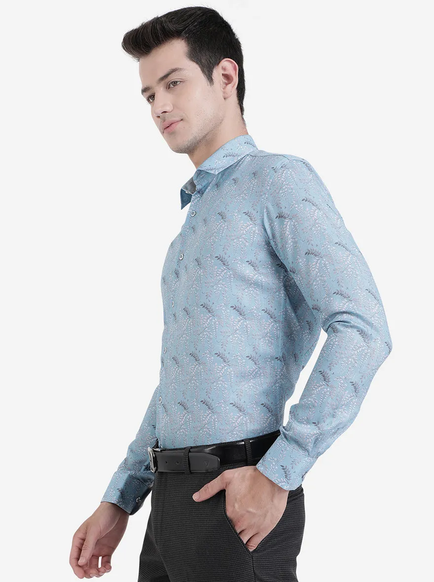 Blue & Cream Printed Slim Fit Party Wear Shirt | JB Studio