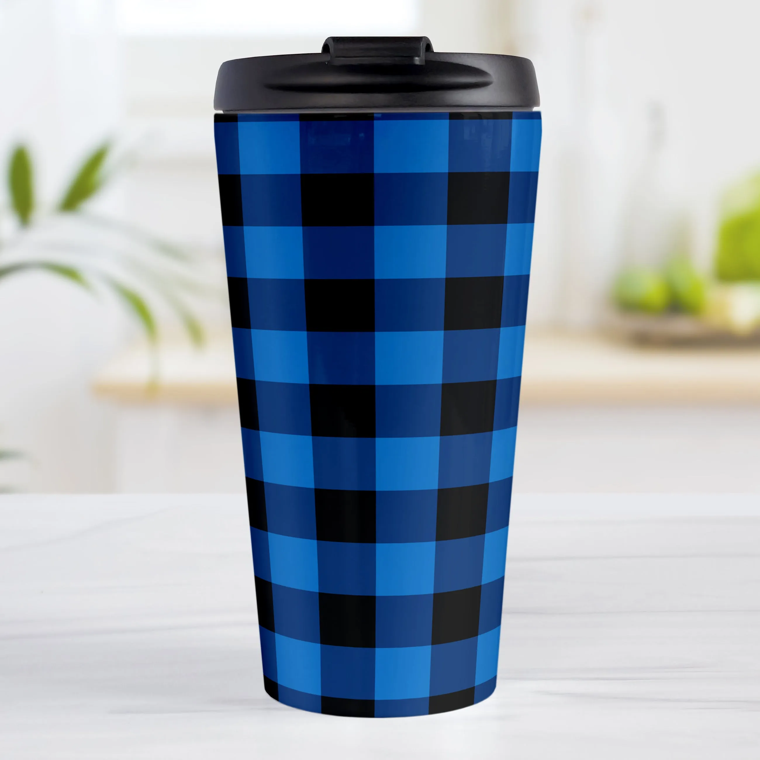 Blue and Black Buffalo Plaid Travel Mug