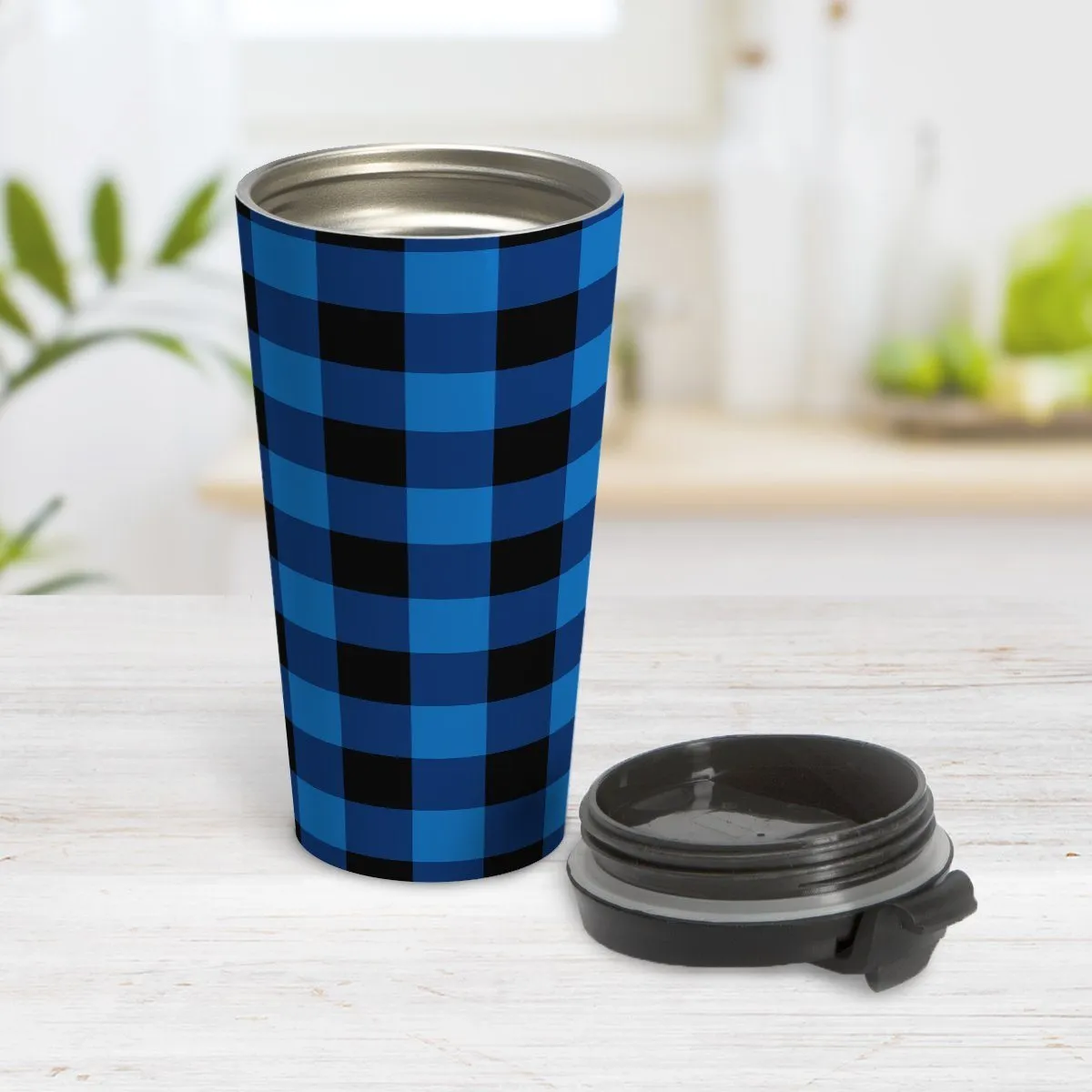 Blue and Black Buffalo Plaid Travel Mug