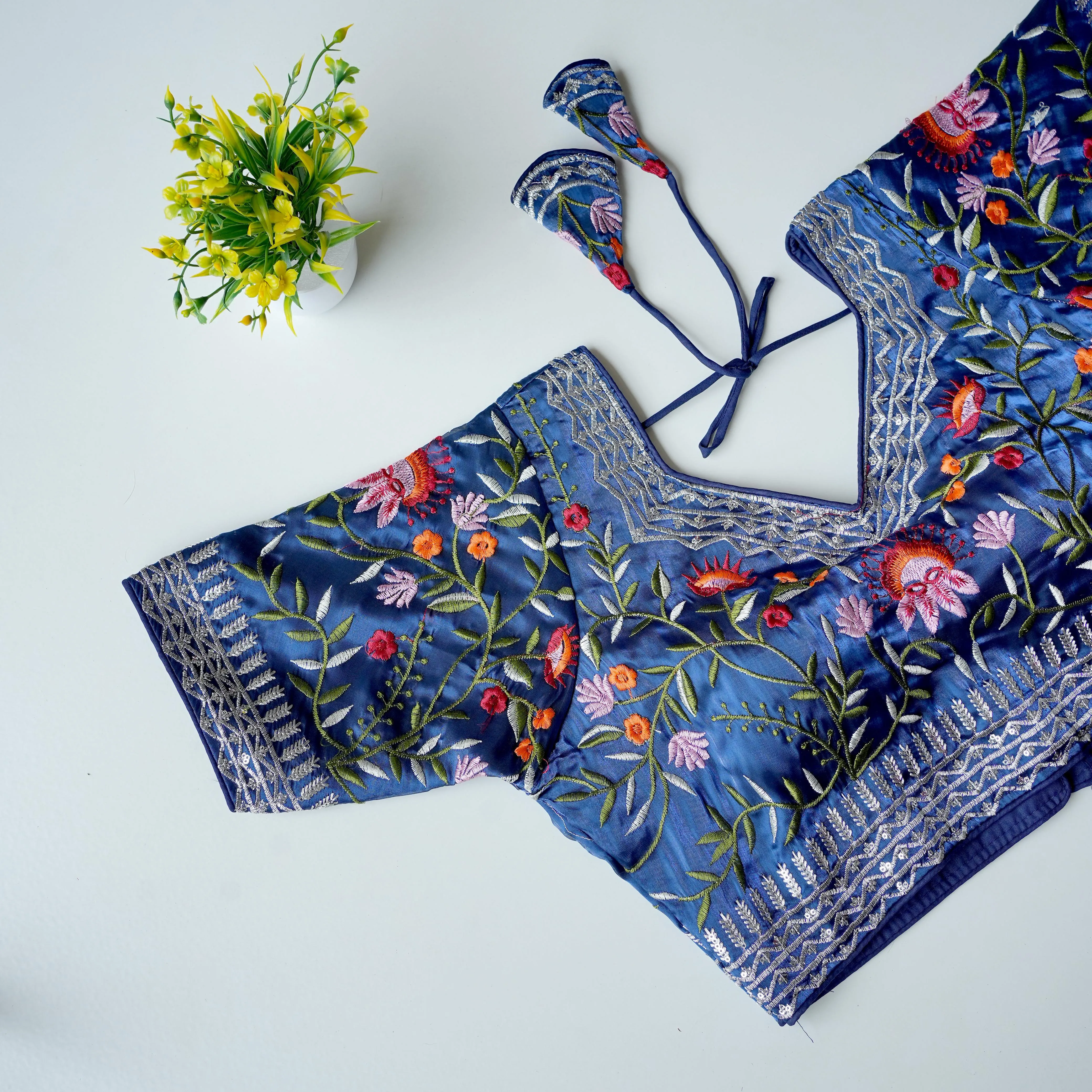 Blue Multi-Color Embroidered Jimmy Choo Silk Blouse