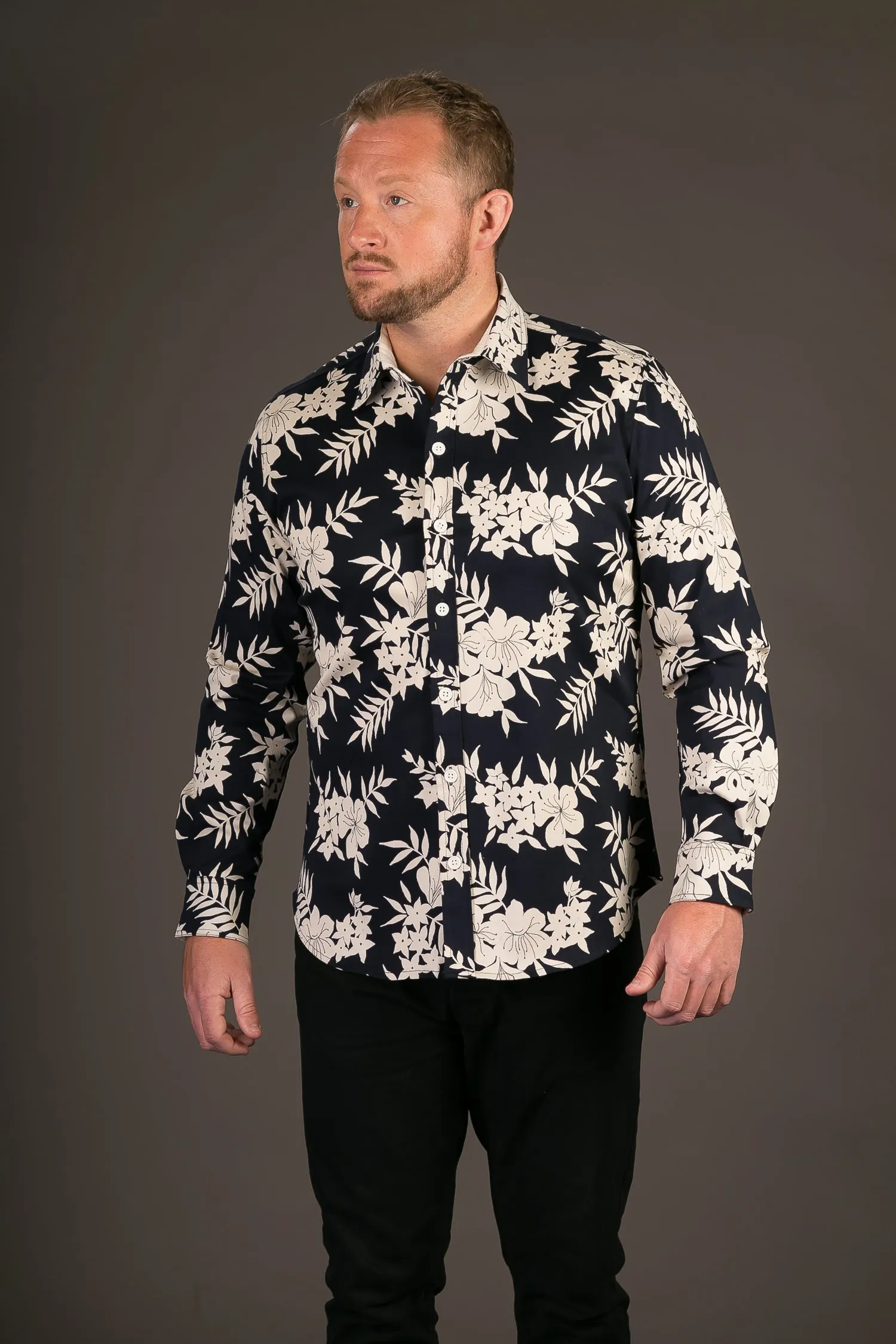 Blue White Floral Print Cotton Slim Fit Mens Shirt Long Sleeve