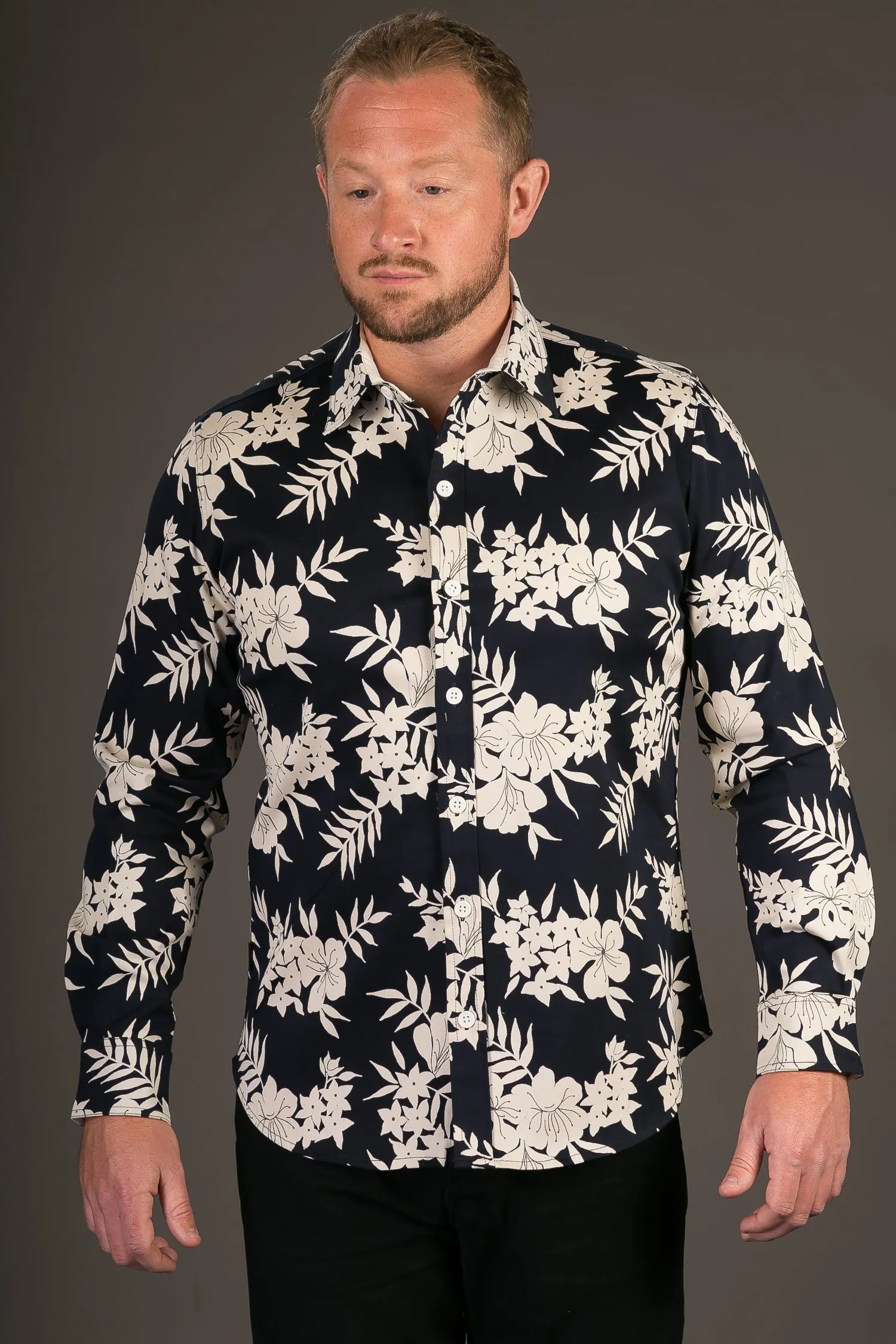 Blue White Floral Print Cotton Slim Fit Mens Shirt Long Sleeve