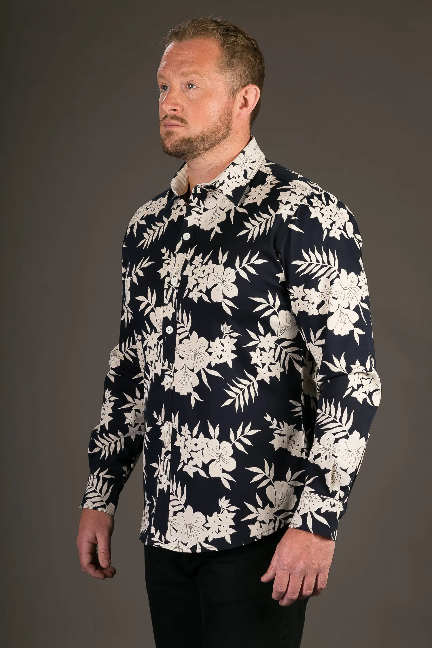 Blue White Floral Print Cotton Slim Fit Mens Shirt Long Sleeve