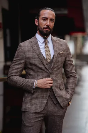 Bojoni  Matera Brown Slim Fit Notch Lapel 3 Piece Plaid Suit