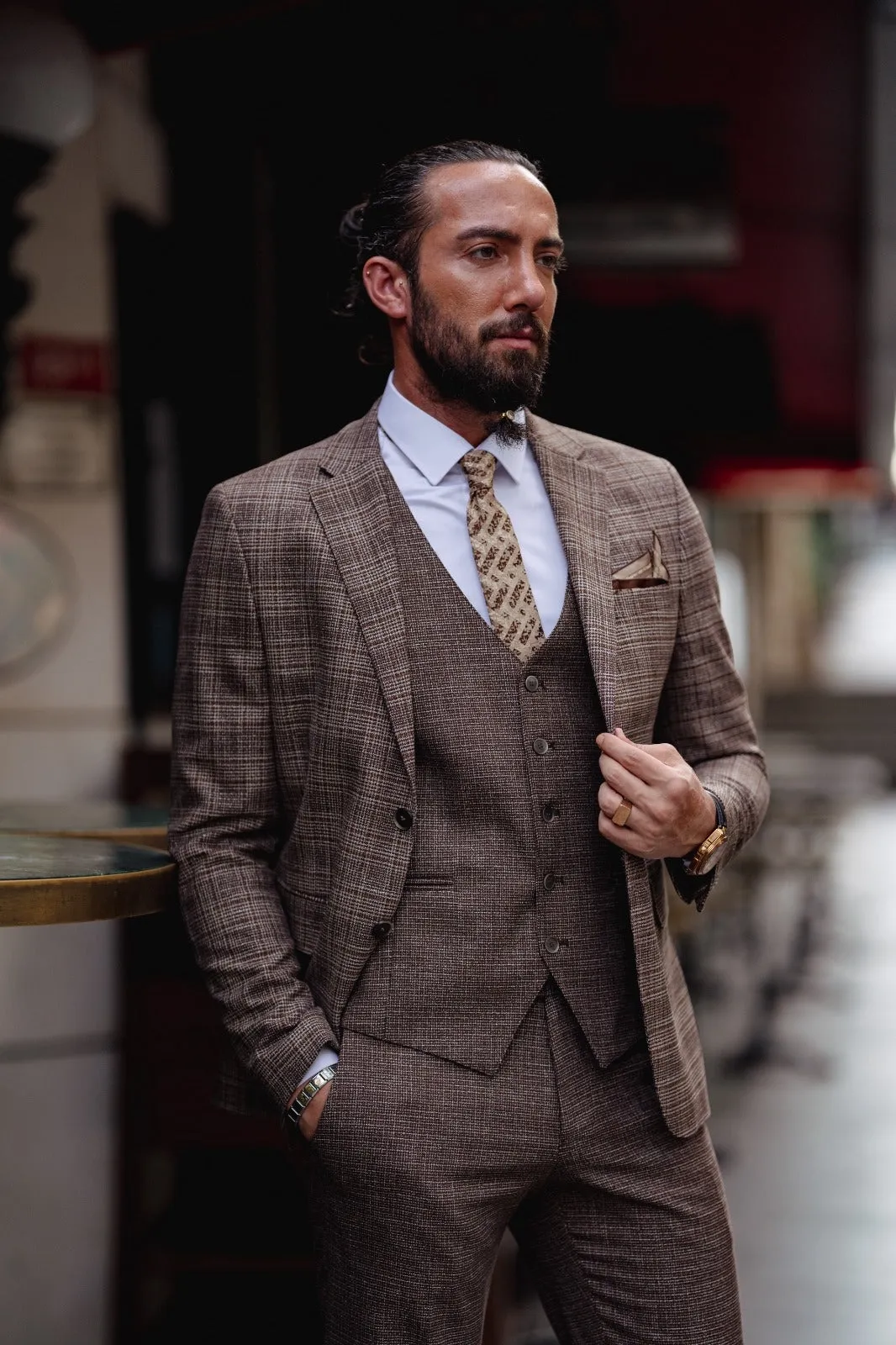 Bojoni  Matera Brown Slim Fit Notch Lapel 3 Piece Plaid Suit