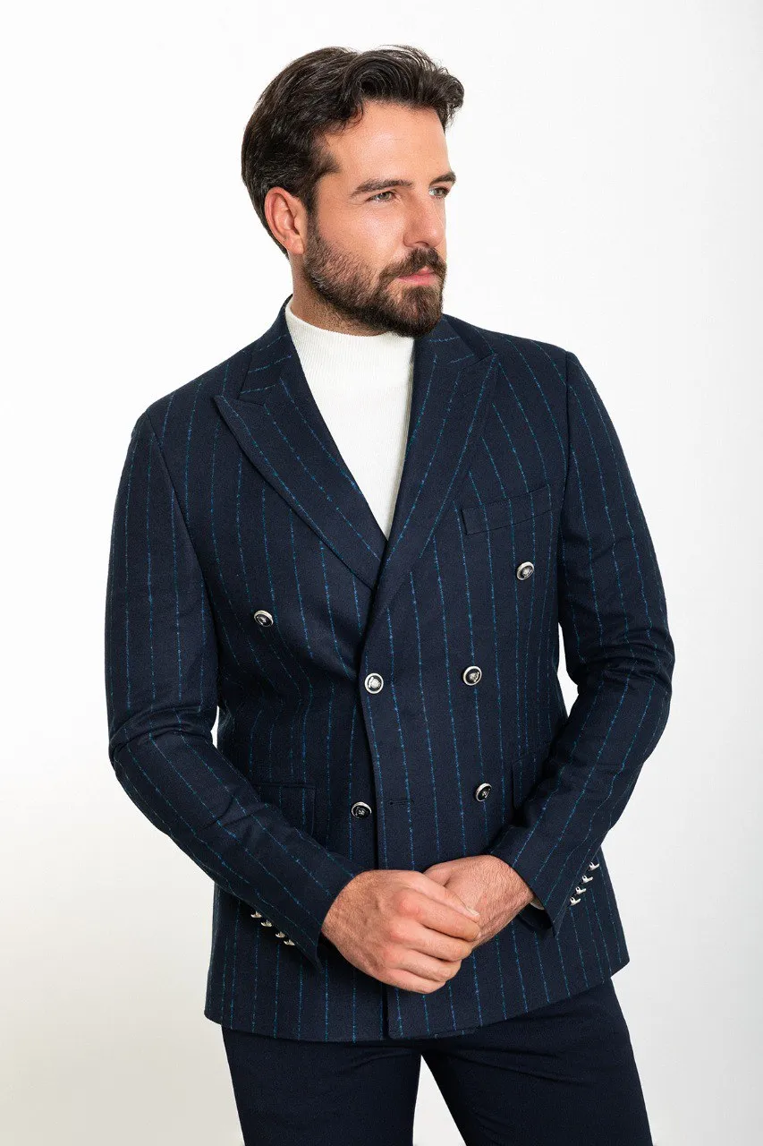 Bojoni Torretta Slim Fit Navy Double Breasted Striped Blazer