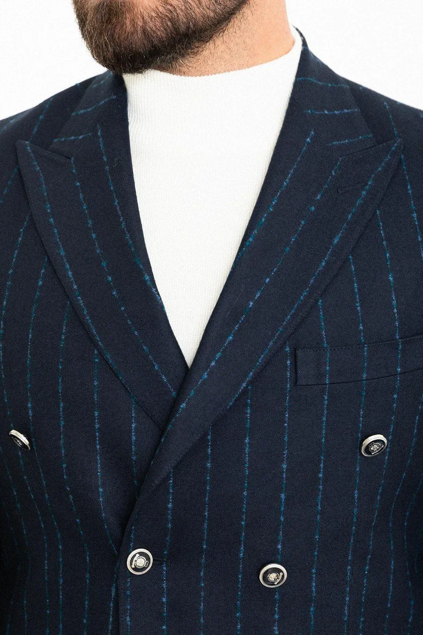 Bojoni Torretta Slim Fit Navy Double Breasted Striped Blazer