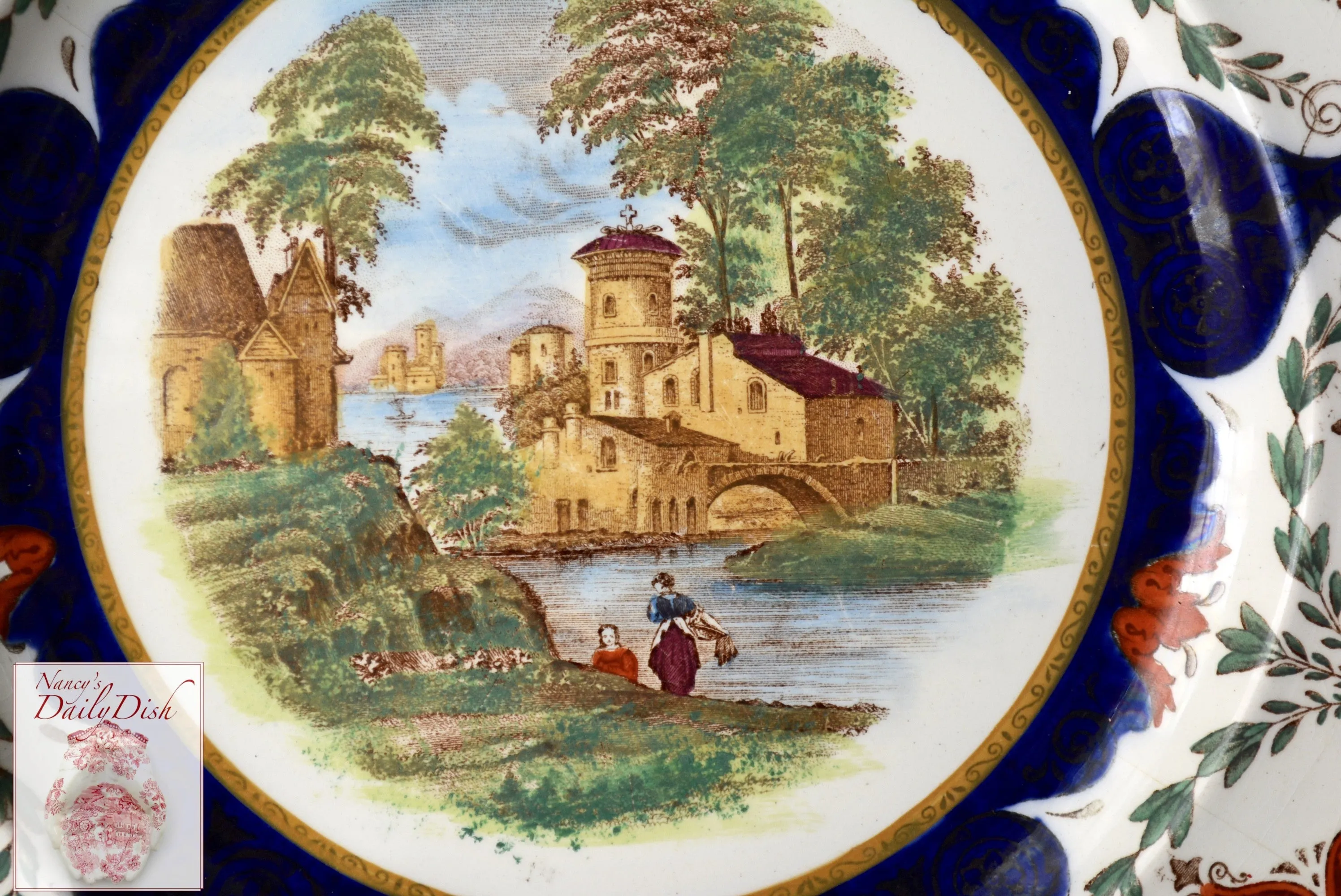 Brown Polychrome Clobbered Transferware Plate Landscape Wedgwood Rustic European Scene Wash Day at Stream