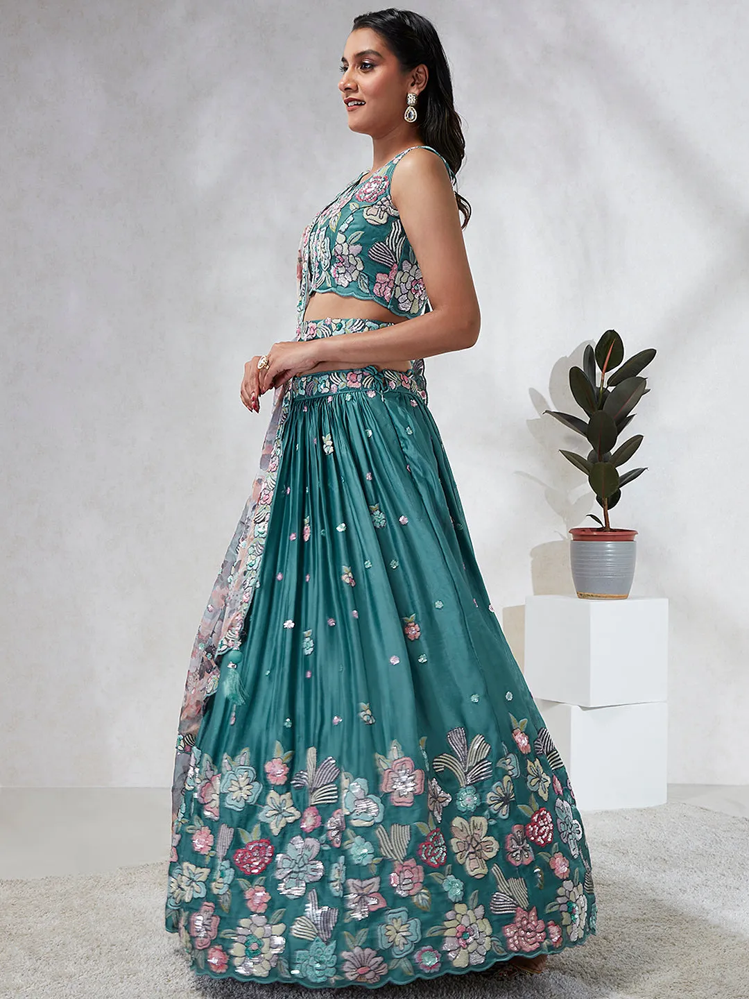 Captivating Turquoise Blue Sequinned Lehenga Choli Set - Mesmerize in Multicolored Embroidered Elegance