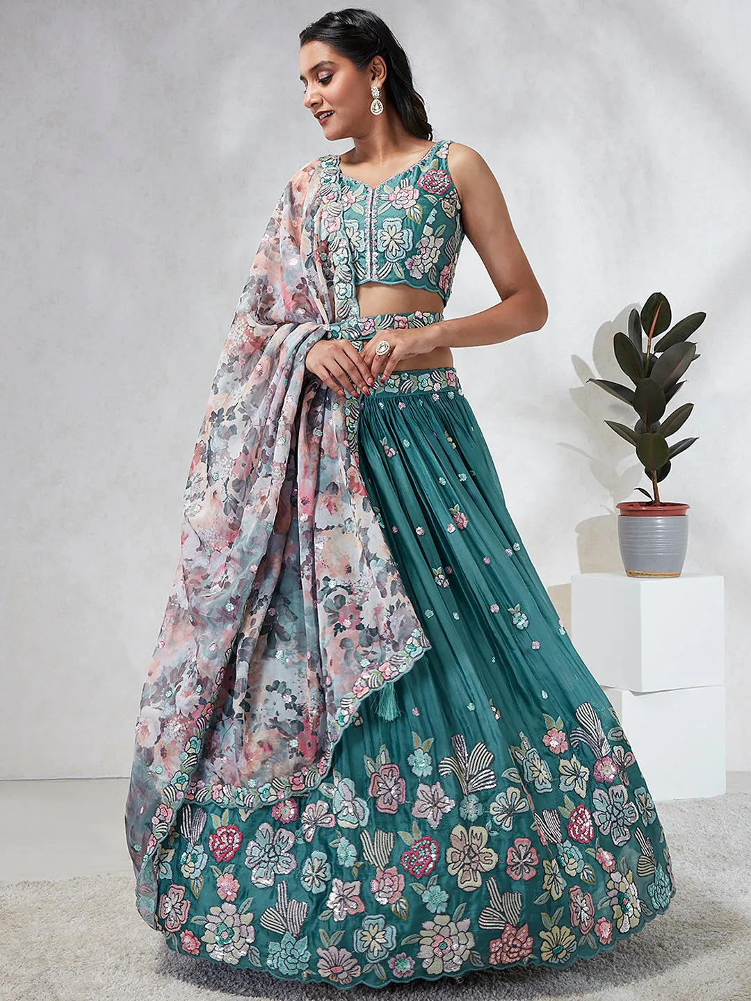 Captivating Turquoise Blue Sequinned Lehenga Choli Set - Mesmerize in Multicolored Embroidered Elegance