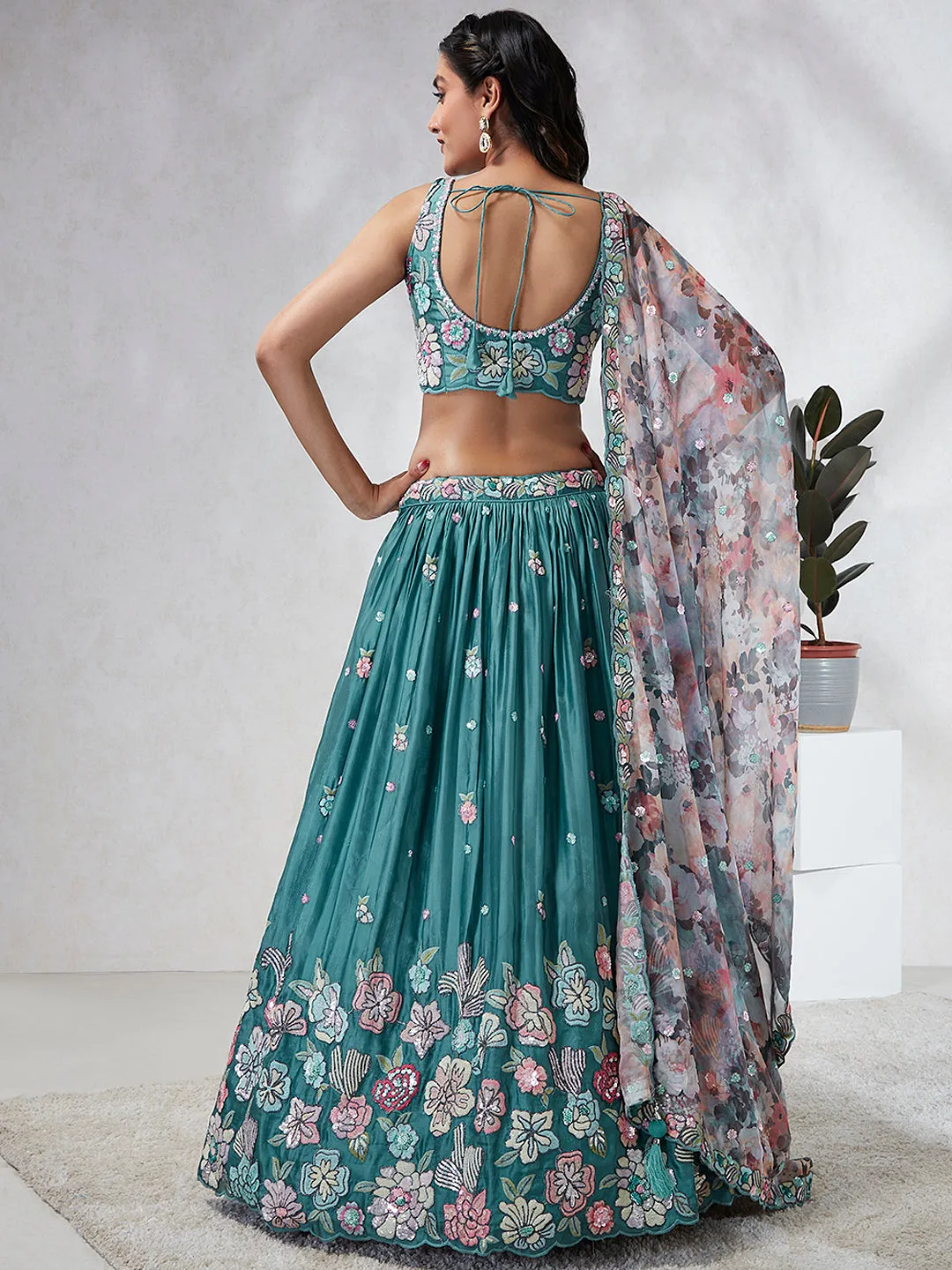 Captivating Turquoise Blue Sequinned Lehenga Choli Set - Mesmerize in Multicolored Embroidered Elegance