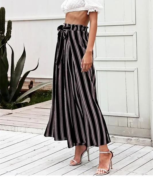 Casual High Waist Split Stripe Wide Leg Pants